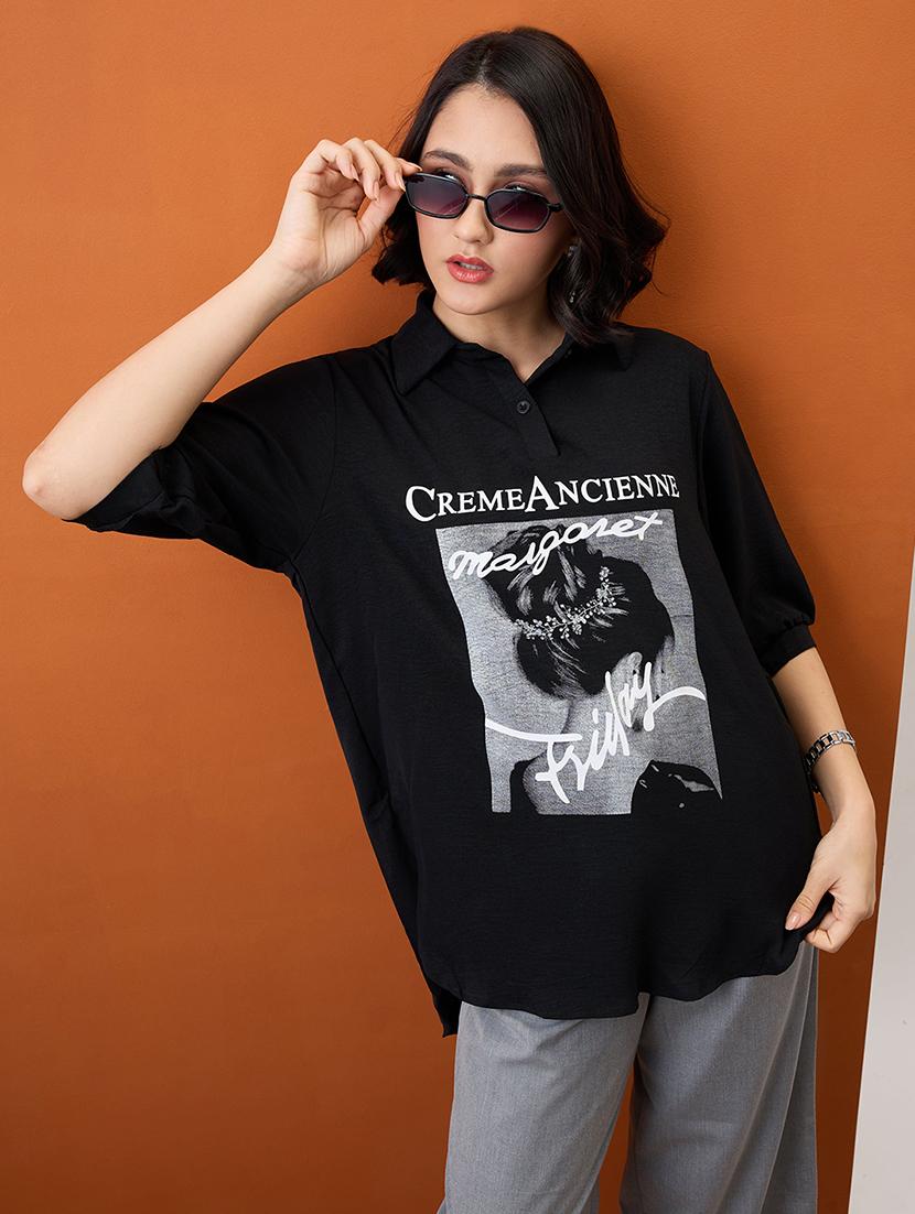 globus women black collared neck graphic print high low hem oversized shirt style top - 21955899 - Zoom Image - 0