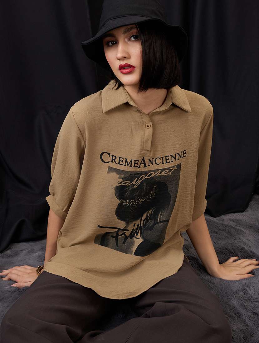 globus women brown collared neck graphic print high low hem oversized shirt style top