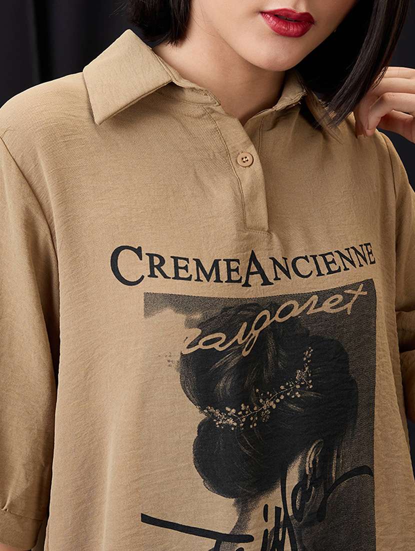 globus women brown collared neck graphic print high low hem oversized shirt style top - 21955900 -  Standard Image - 3