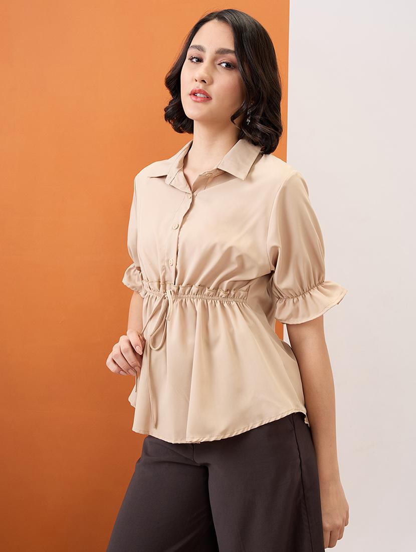 globus women camel brown shirt collar puff sleeves solid waist tie-up workwear peplum top - 21955903 - Zoom Image - 0