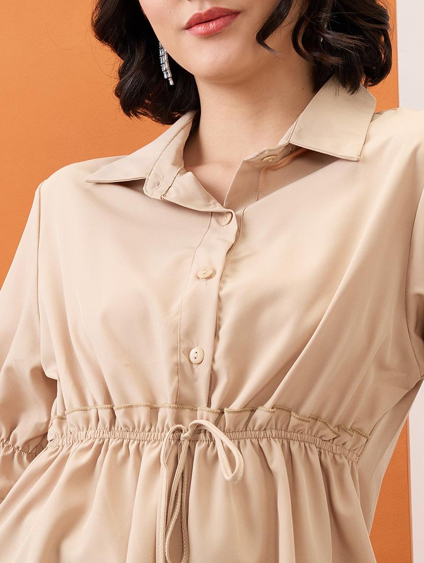 globus women camel brown shirt collar puff sleeves solid waist tie-up workwear peplum top - 21955903 - Standard Image - 3