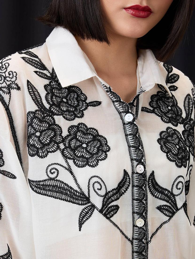 globus women black & white floral embroidered collared neck bell sleeves scalloped hem shirt - 21955906 - Standard Image - 5