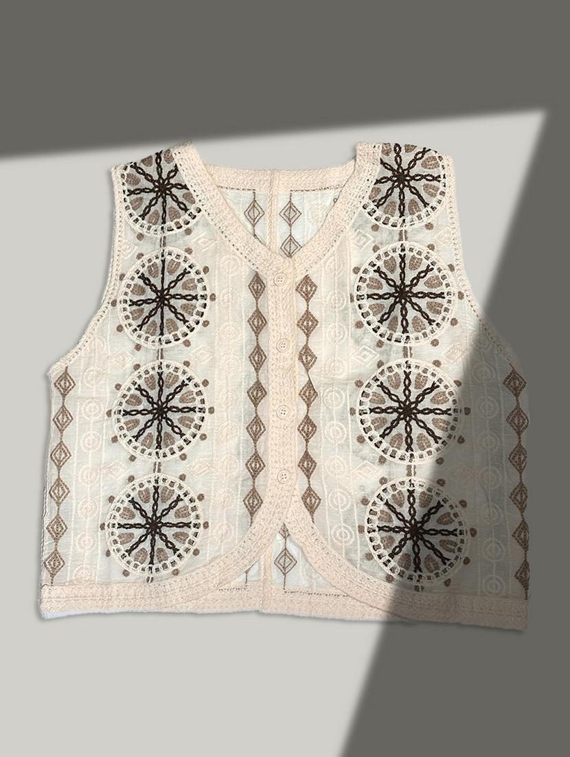 globus women beige v-neck indie pattern self design crochet fusion waistcoat - 21955908 - Standard Image - 3