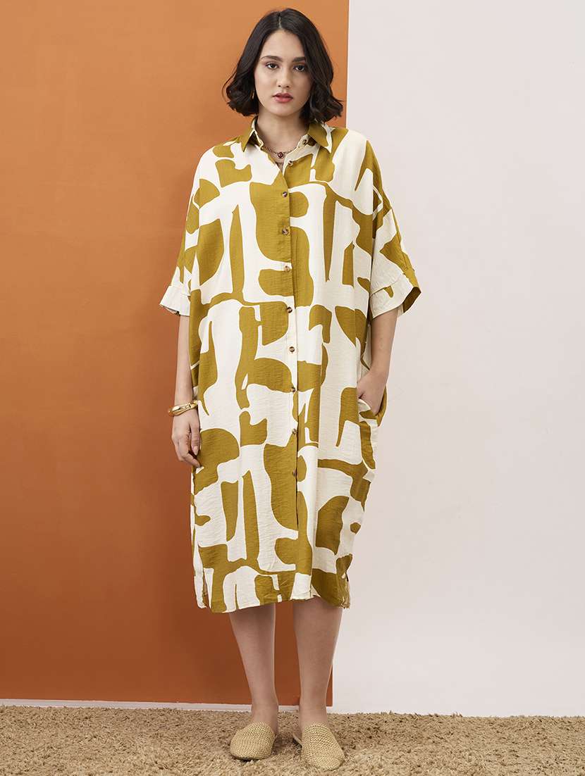 globus women green abstract print collared neck batwing sleeves straight hem oversized fusion midi shirt dress