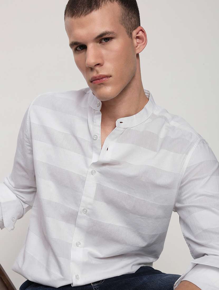 men striped mandarin collared long sleeve shirt