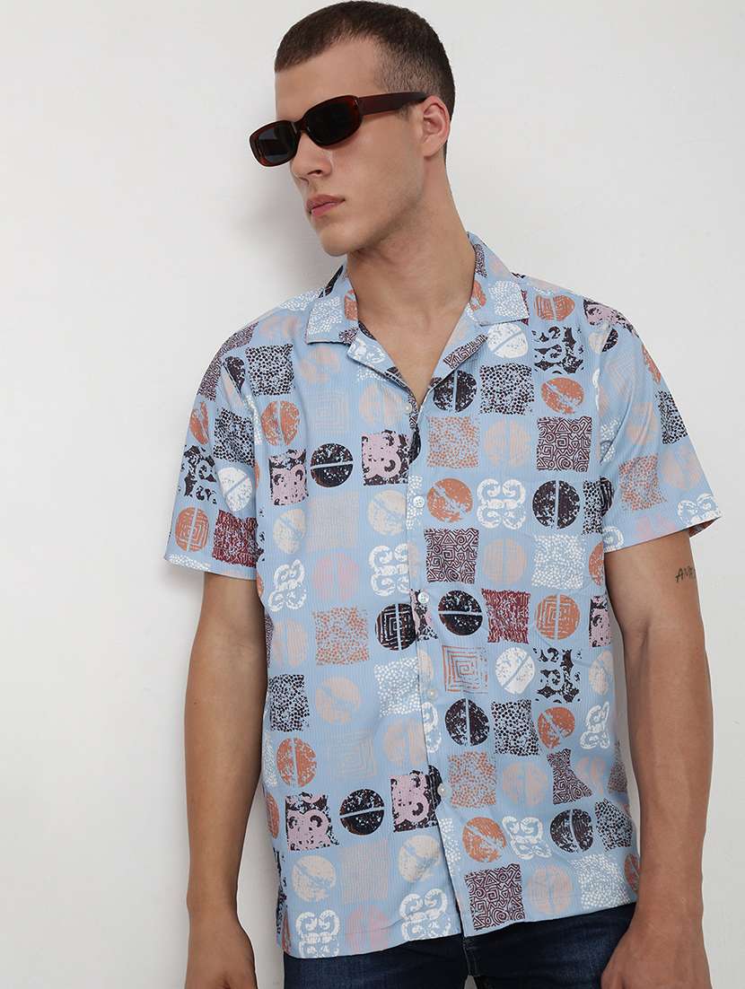 men printed cuban collared short sleeve shirt
