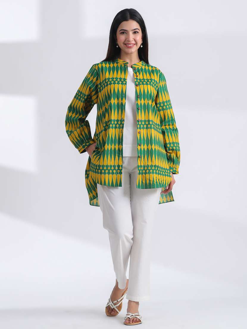 women printed long sleeve high low ethnic top