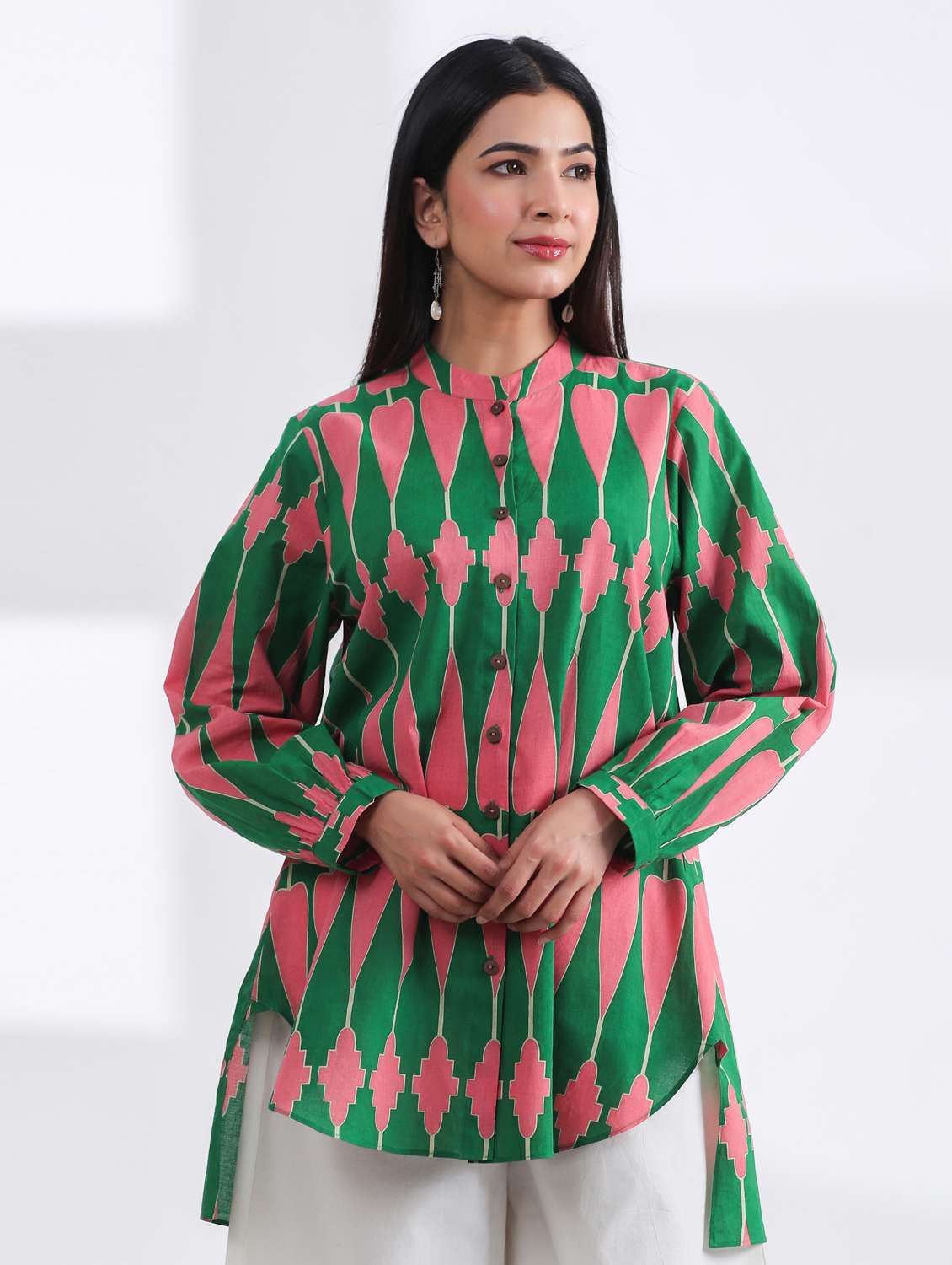women printed long sleeve high low ethnic top - 21956018 - Standard Image - 3