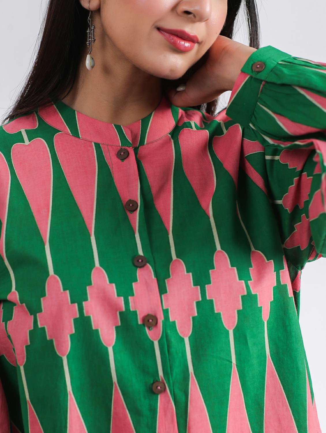 women printed long sleeve high low ethnic top - 21956018 - Standard Image - 5