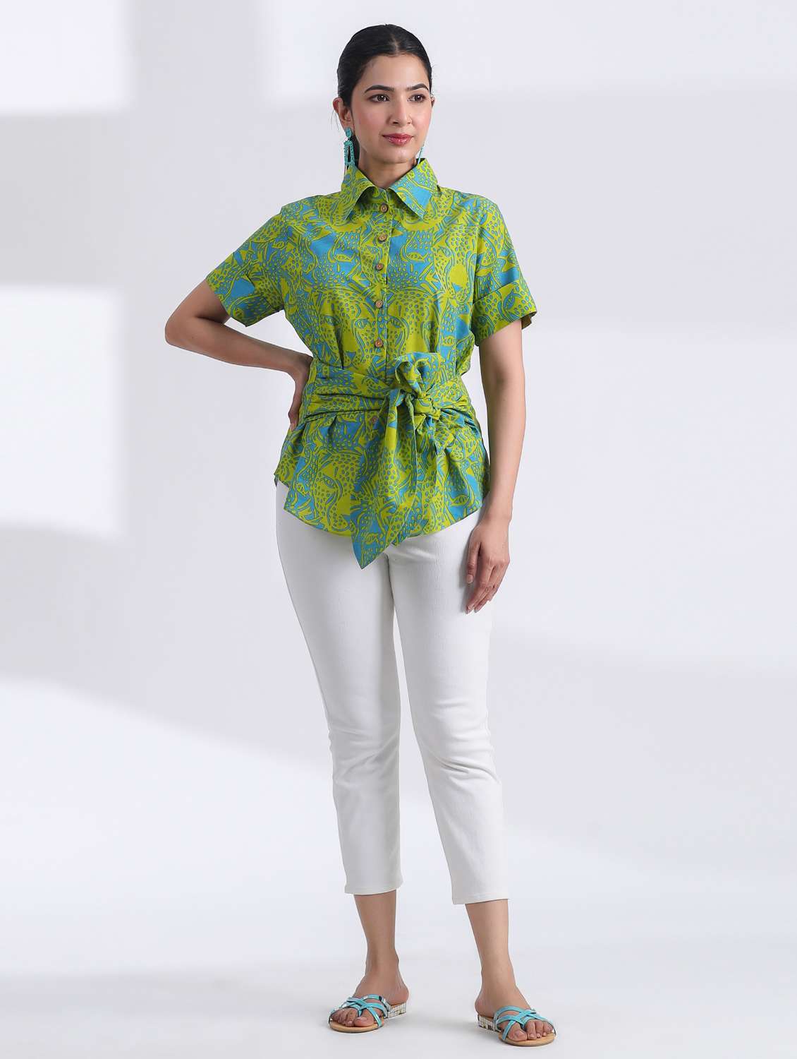 women green printed short sleeve ethnic top