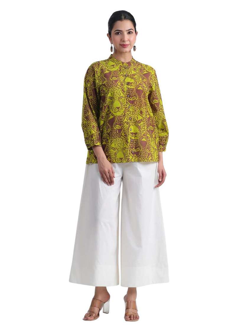 women green printed three quarter sleeve ethnic top