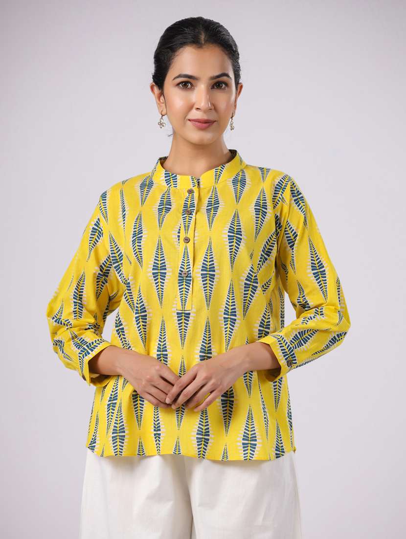 women yellow printed three quarter sleeve ethnic top