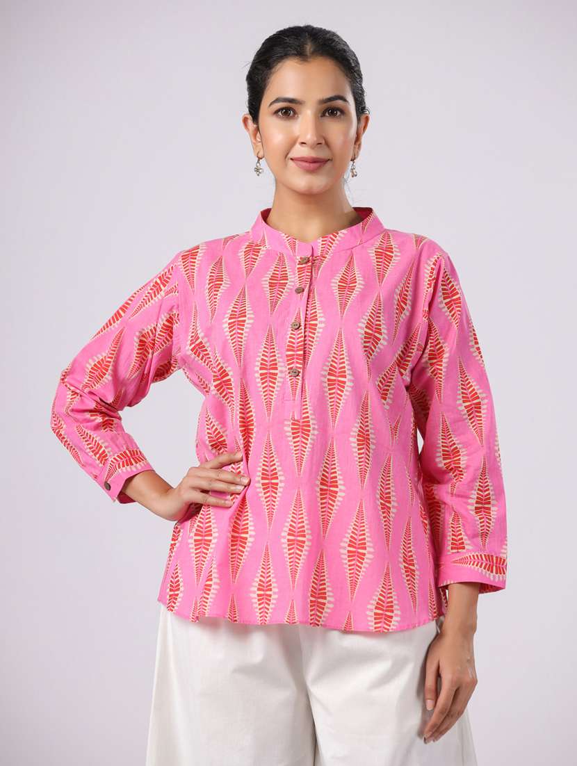 women pink printed three quarter sleeve ethnic top - 21956027 -  Zoom Image - 0