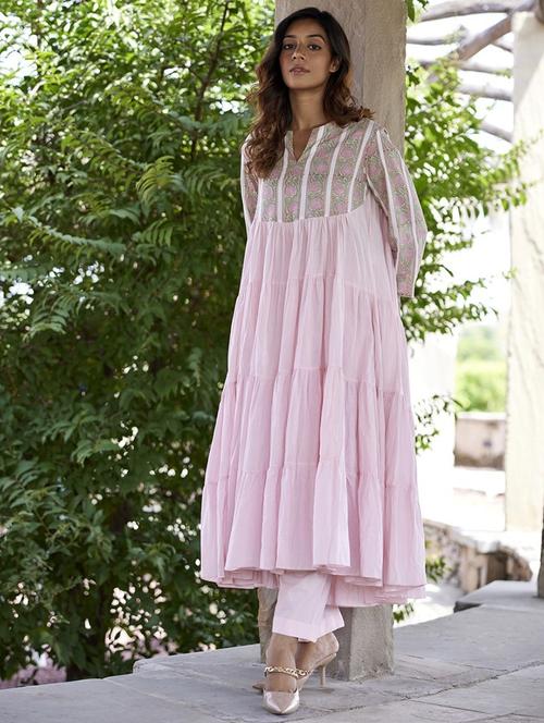 women pink floral long sleeve tiered kurta - 21956044 - Standard Image - 0