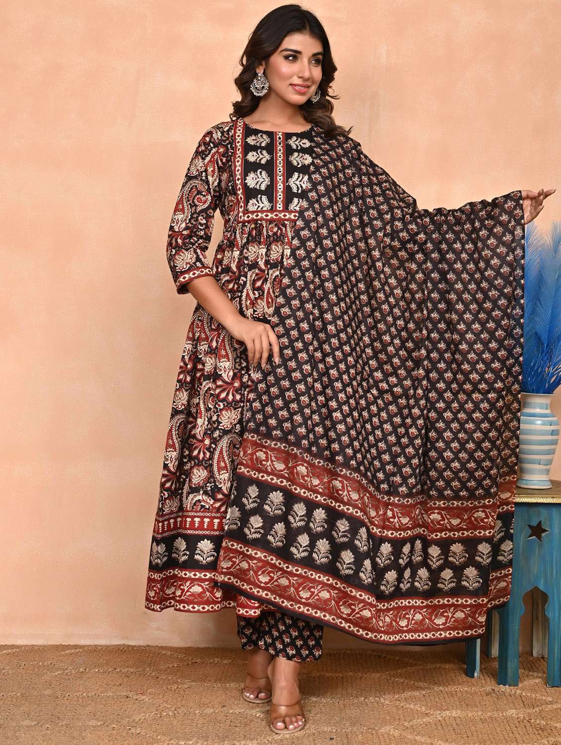 women three quarter sleeve anarkali kurta pant with dupatta set