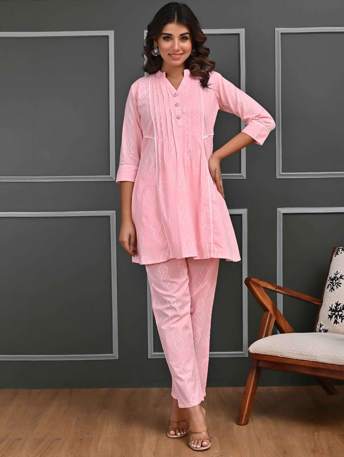 women three quarter sleeve ethnic co-ord set