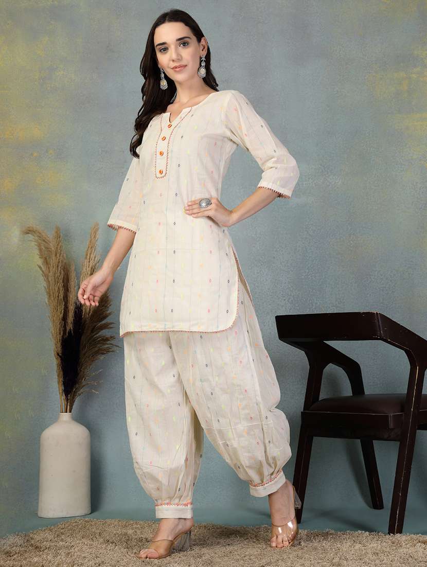 women cream three quarter sleeve kurta salwar set - 21956113 -  Standard Image - 3