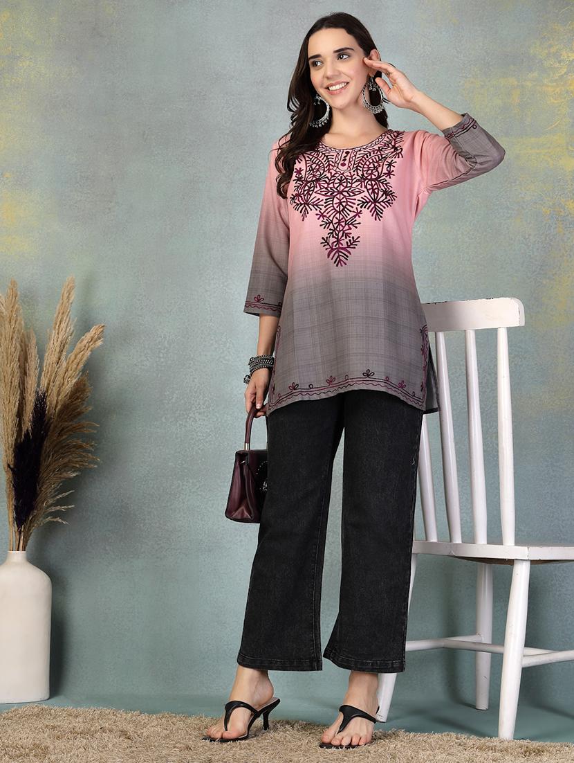 women embroidered three quarter sleeve straight kurti - 21956124 - Standard Image - 5