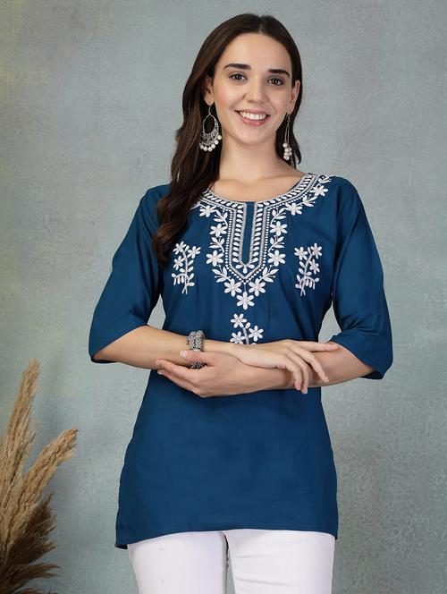 women embroidered three quarter sleeve straight kurti - 21956127 -  Standard Image - 0
