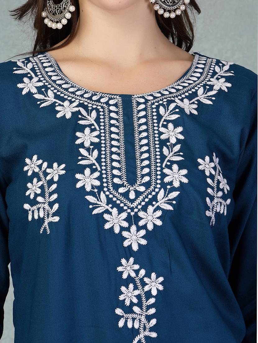 women embroidered three quarter sleeve straight kurti - 21956127 - Standard Image - 3