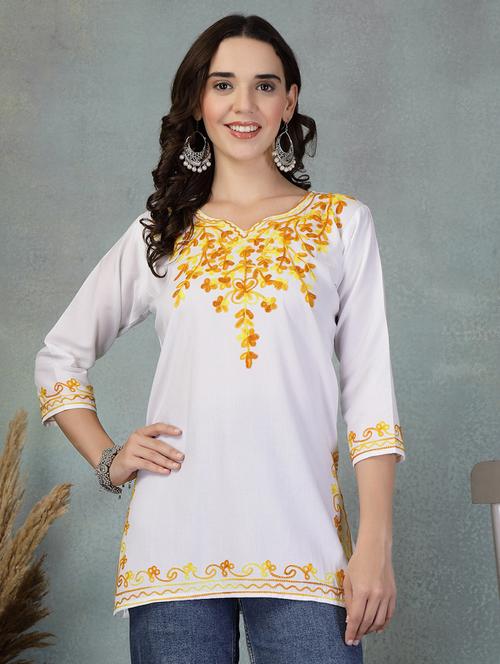 women embroidered three quarter sleeve straight kurti - 21956135 -  Standard Image - 0