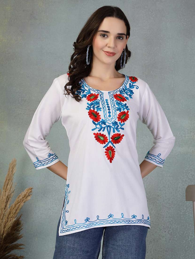 women embroidered three quarter sleeve straight kurti