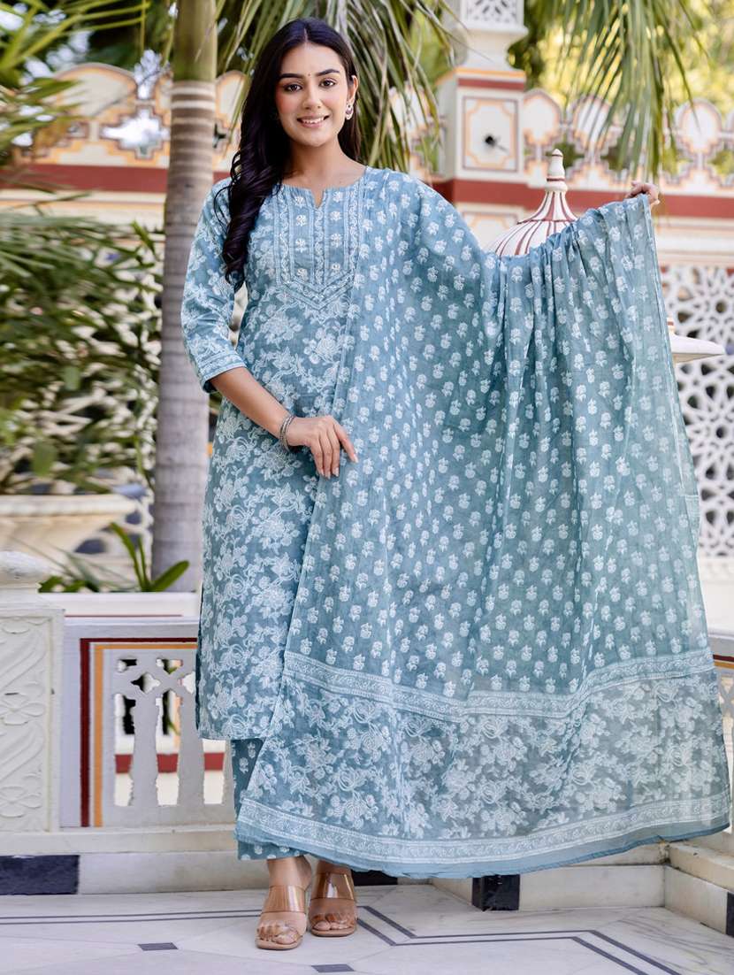 women three quarter sleeve kurta pant with dupatta set