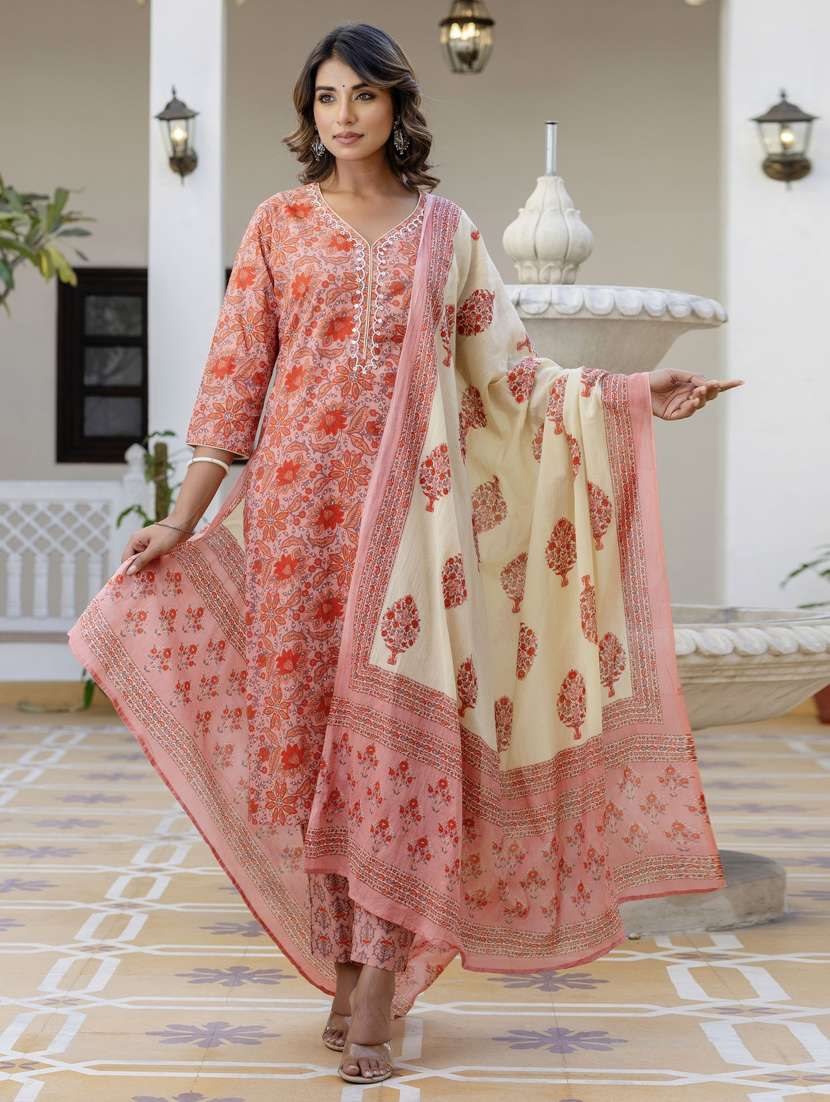 women three quarter sleeve kurta pant with dupatta set