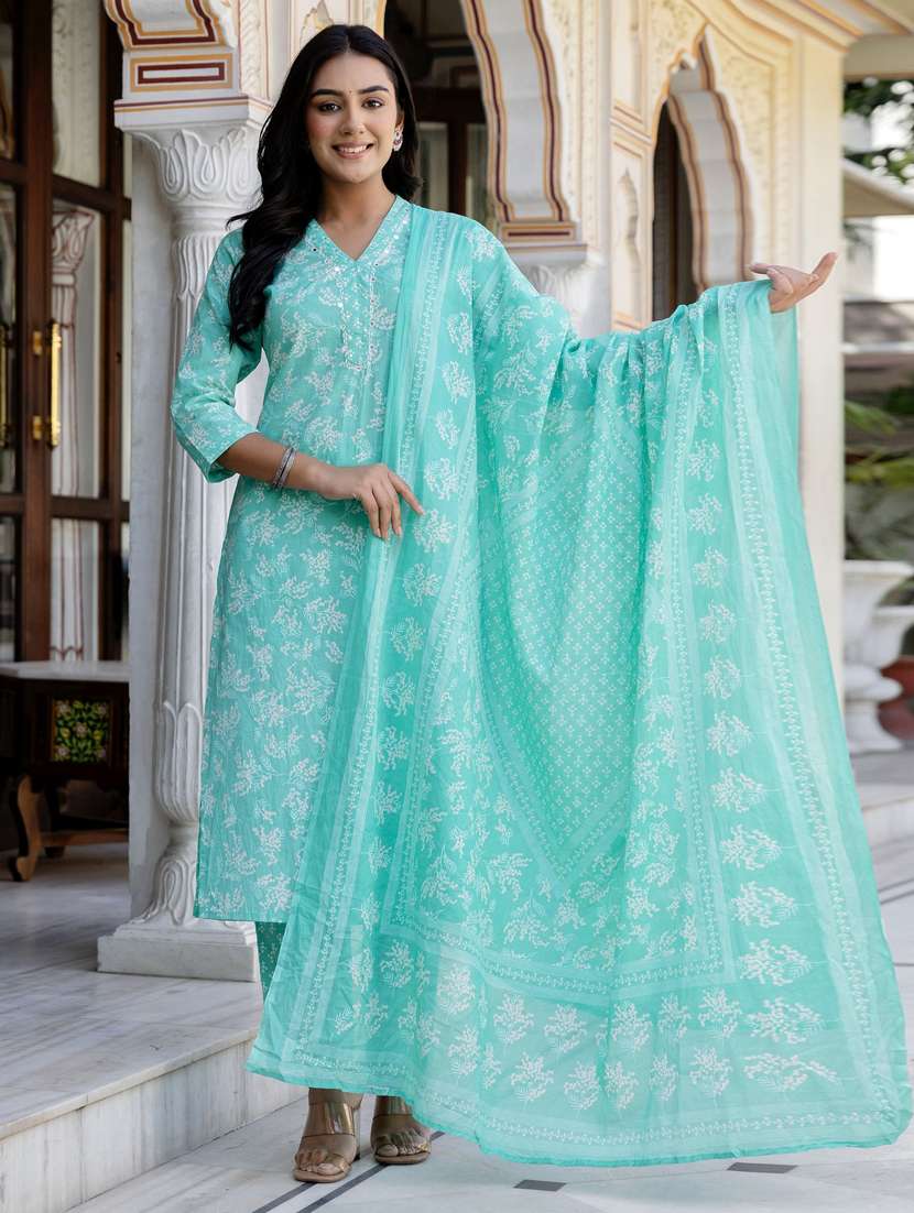 women three quarter sleeve kurta pant with dupatta set