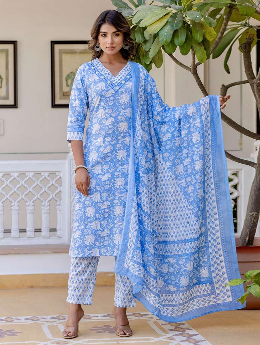 women three quarter sleeve kurta pant with dupatta set