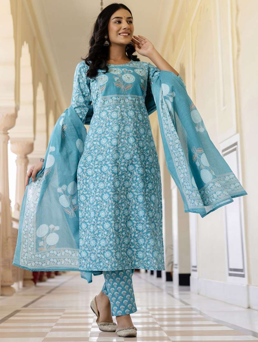 women three quarter sleeve kurta pant with dupatta set