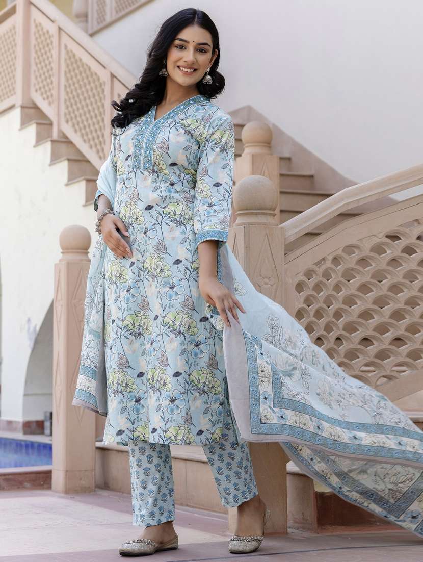 women three quarter sleeve kurta pant with dupatta set