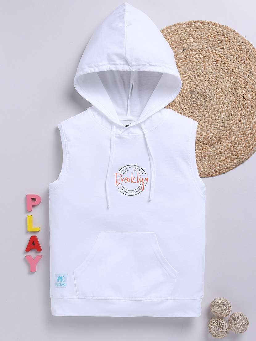 boys printed sleeveless regular fit hooded t-shirt