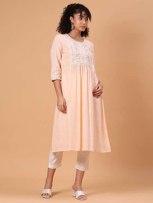 women embroidered three quarter sleeve a-line kurta  - 21956313 -  Standard Image - 0