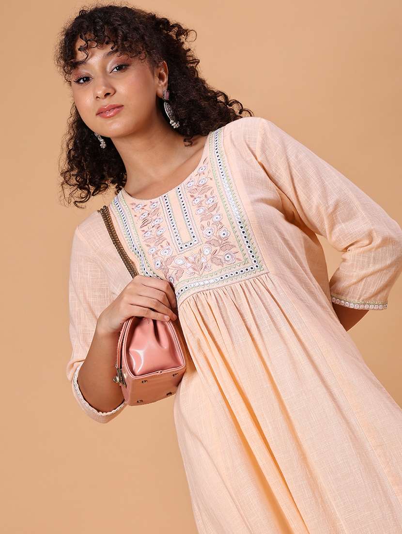 women embroidered three quarter sleeve a-line kurta  - 21956313 -  Standard Image - 3