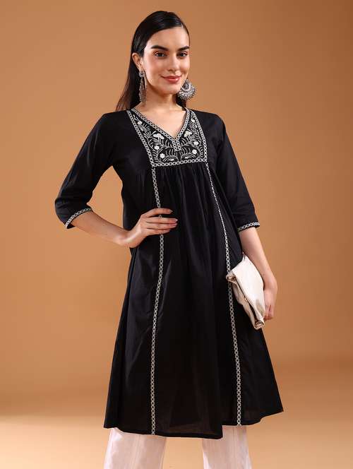 women embroidered three quarter sleeve a-line kurta - 21956348 - Standard Image - 0