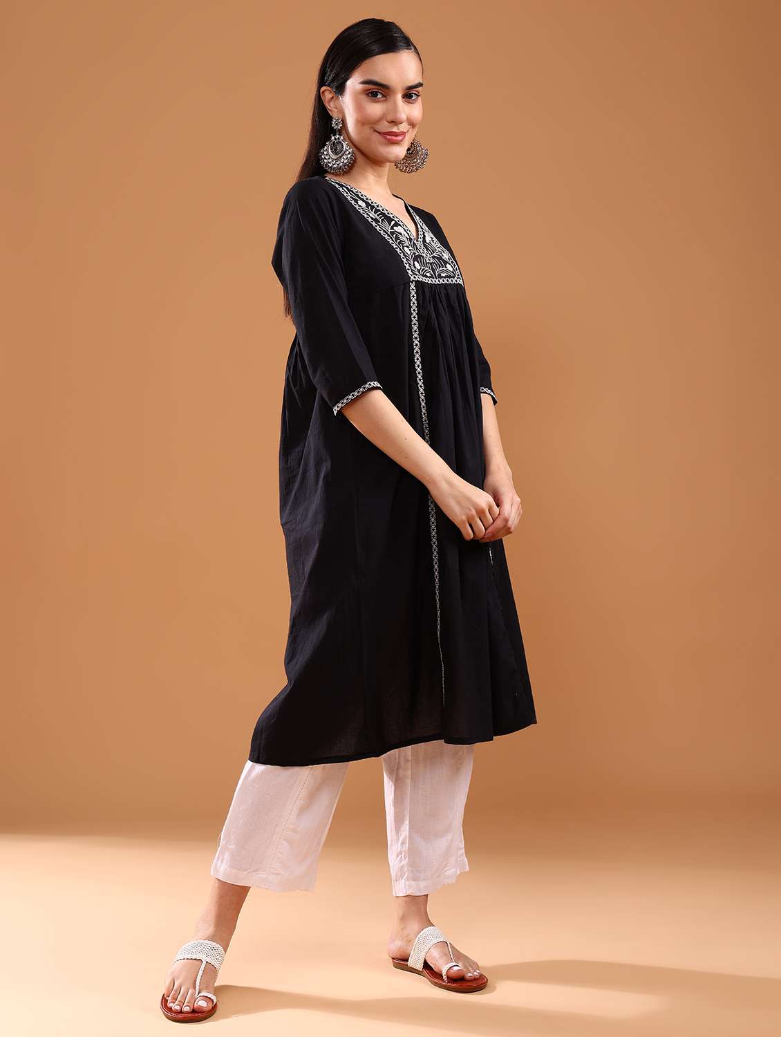 women embroidered three quarter sleeve a-line kurta - 21956348 - Standard Image - 3