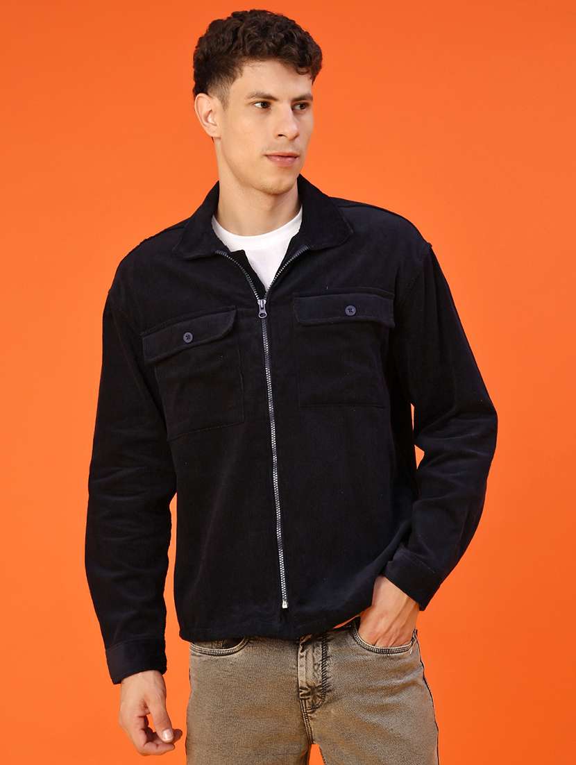 men solid collared long sleeve shacket