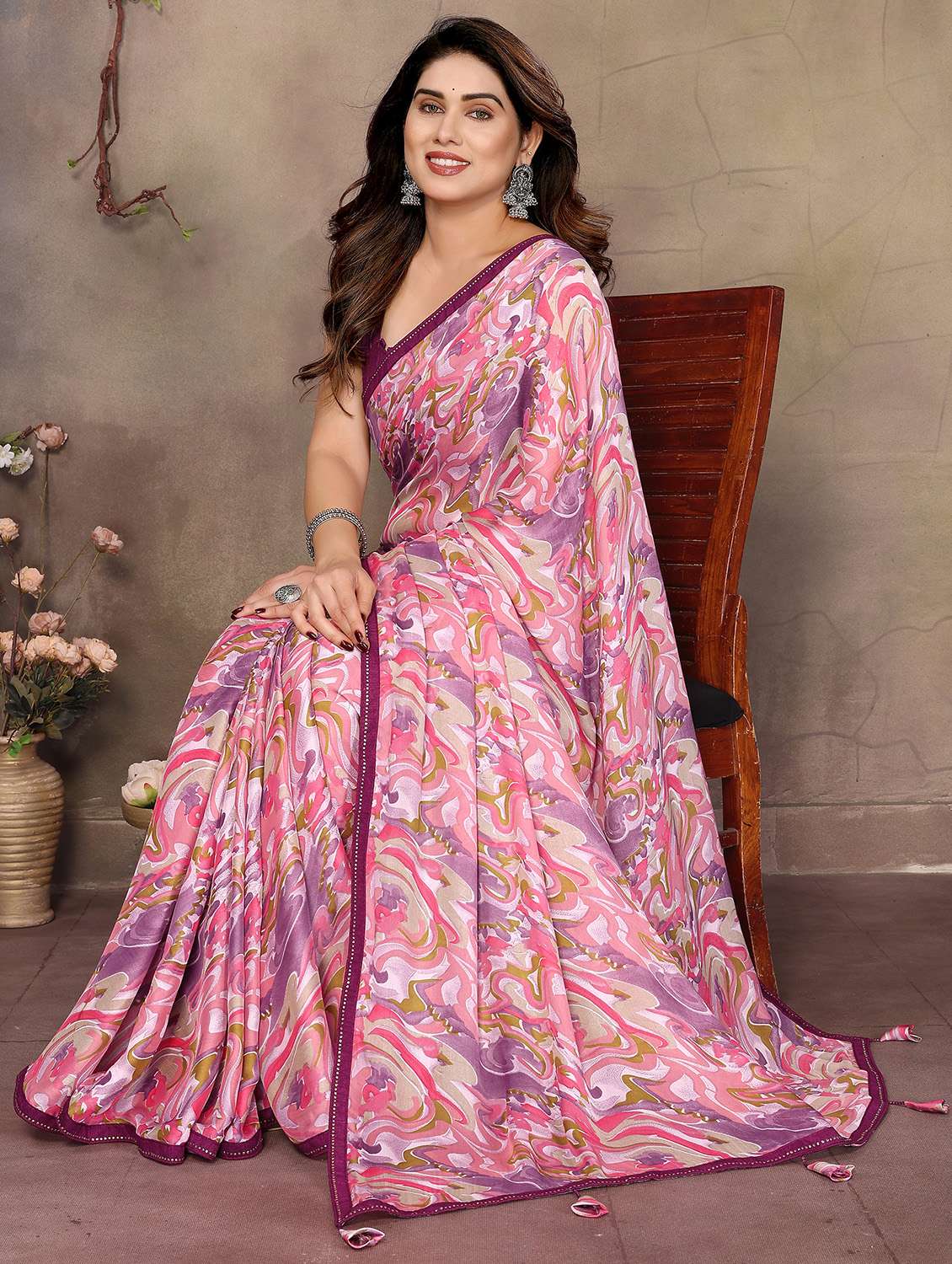 women pink printed saree with blouse - 21956472 -  Standard Image - 5