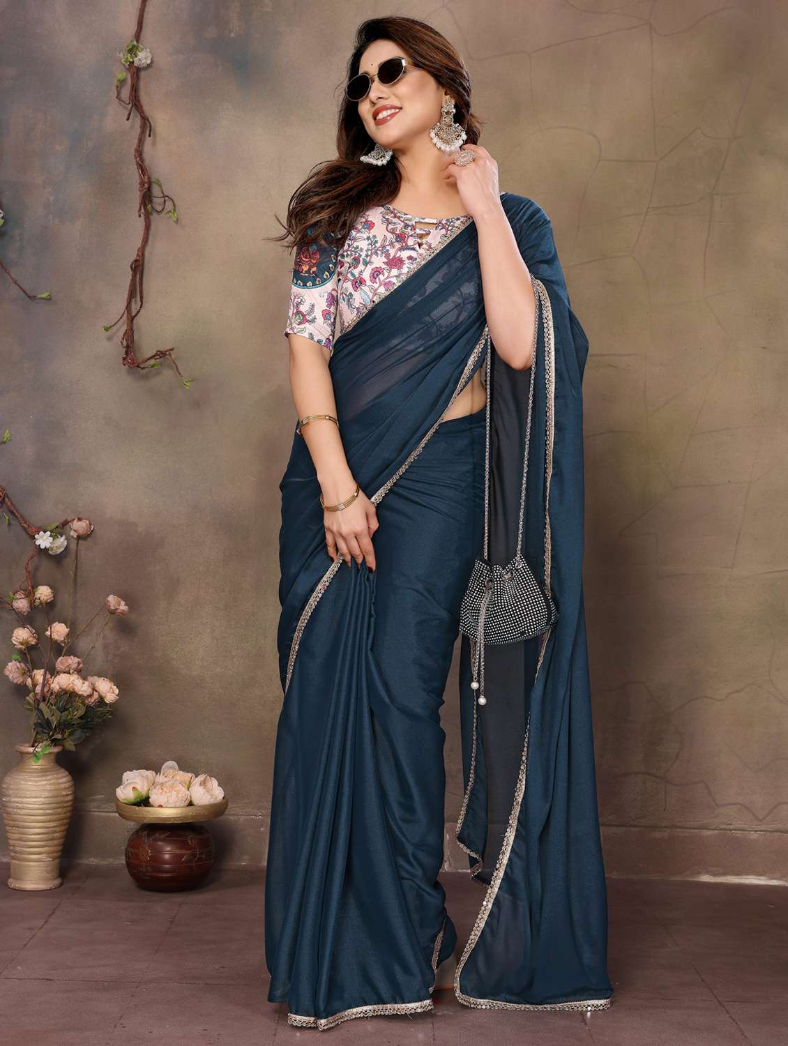 women teal plain saree with blouse - 21956476 -  Standard Image - 3