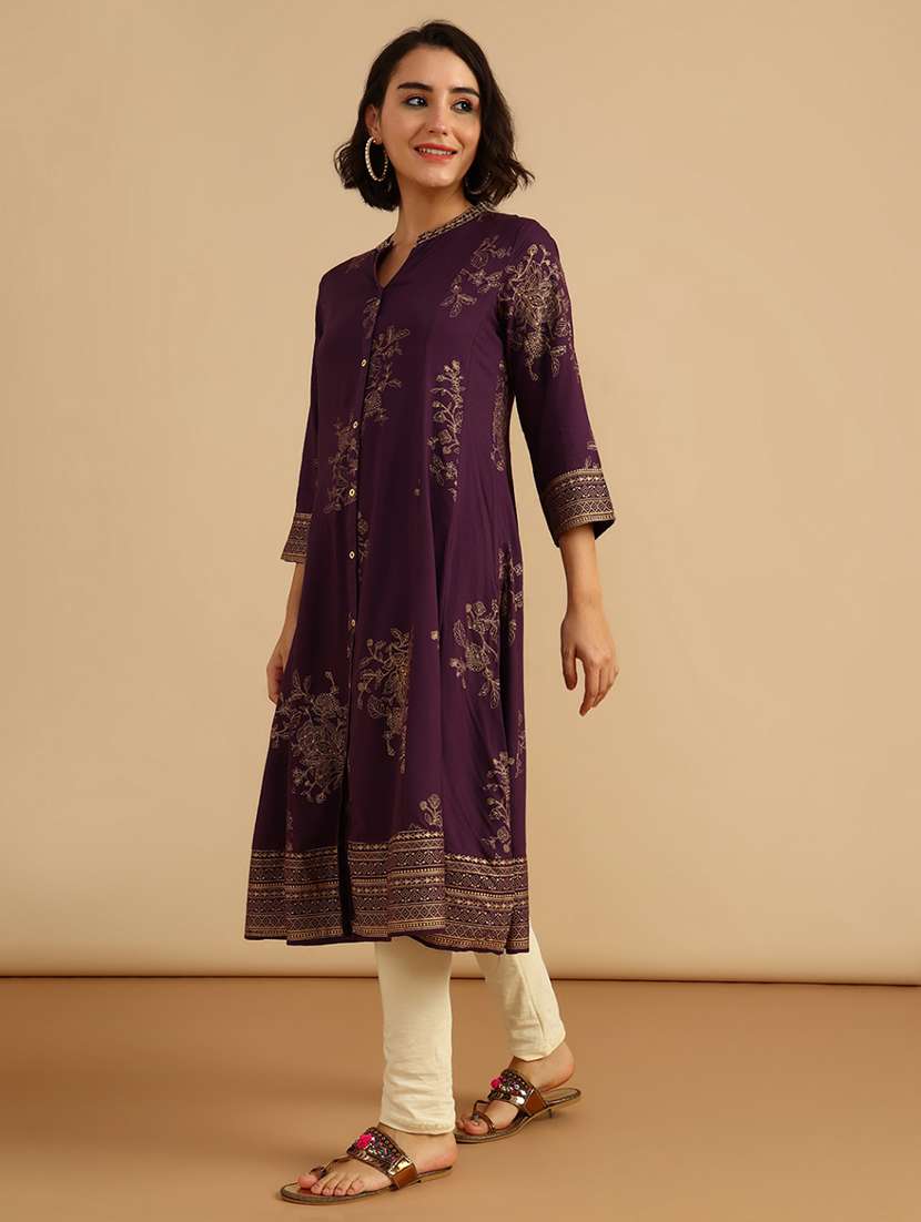 women foil print three quarter sleeve a-line kurta - 21956536 -  Standard Image - 3