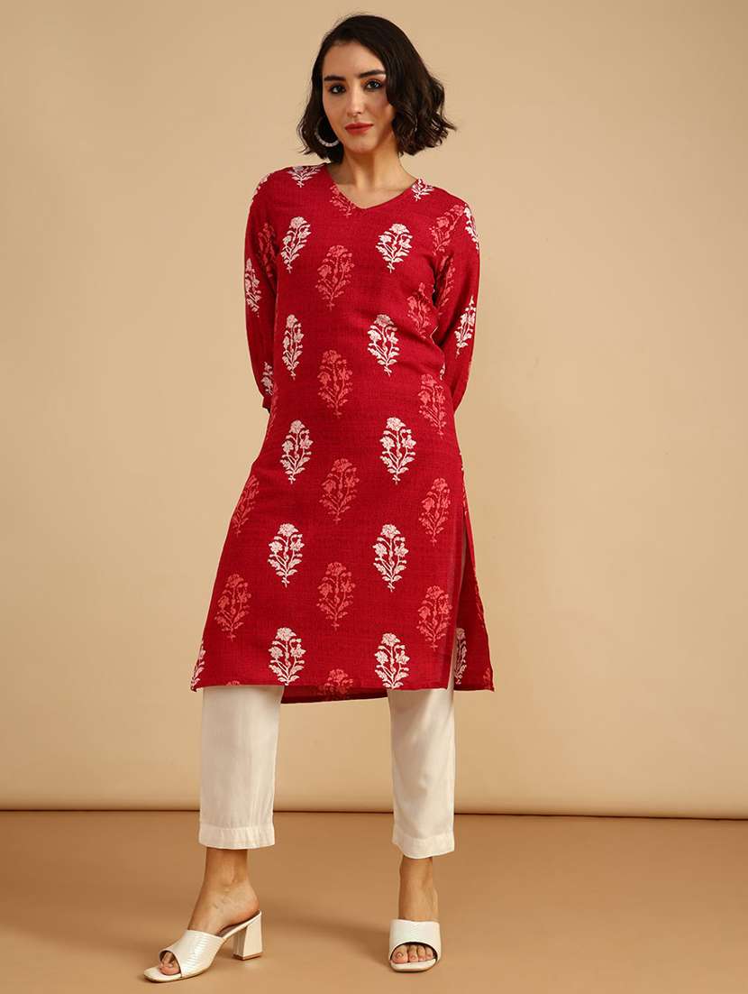 women printed three quarter sleeve straight kurta - 21956582 -  Standard Image - 3