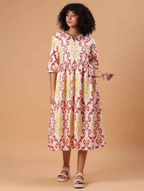women printed puff sleeve fit & flare dress - 21956593 -  Standard Image - 0