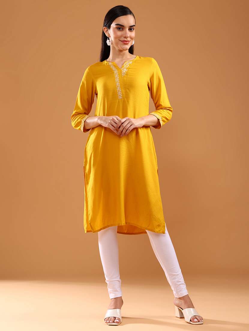 women three quarter sleeve straight kurta - 21956613 -  Zoom Image - 0
