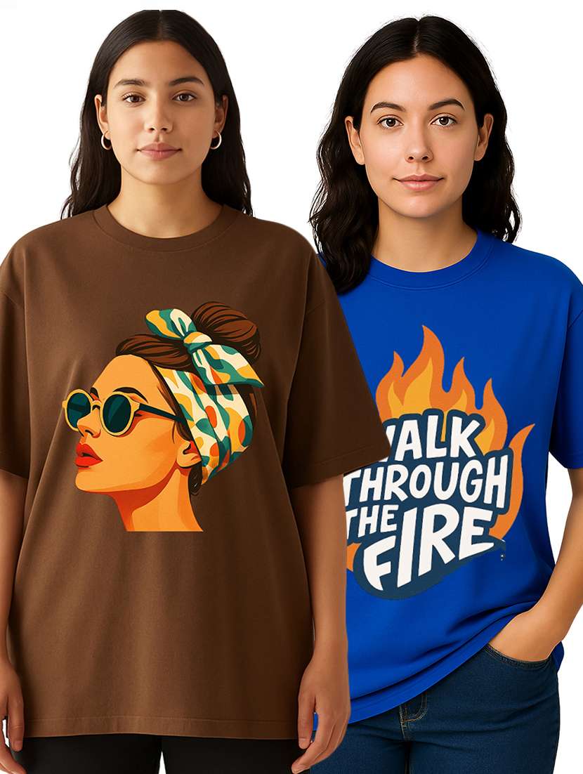 women pack of 2 printed round neck oversized t-shirt