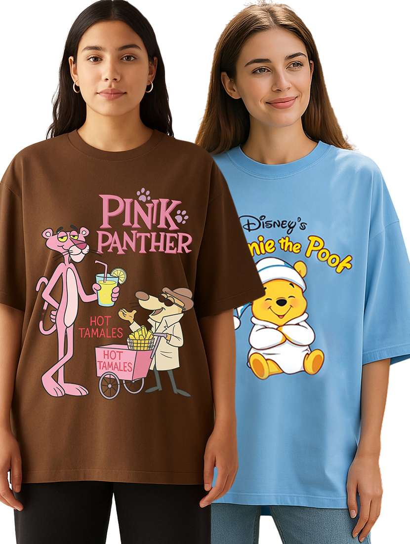 women pack of 2 printed round neck oversized t-shirt