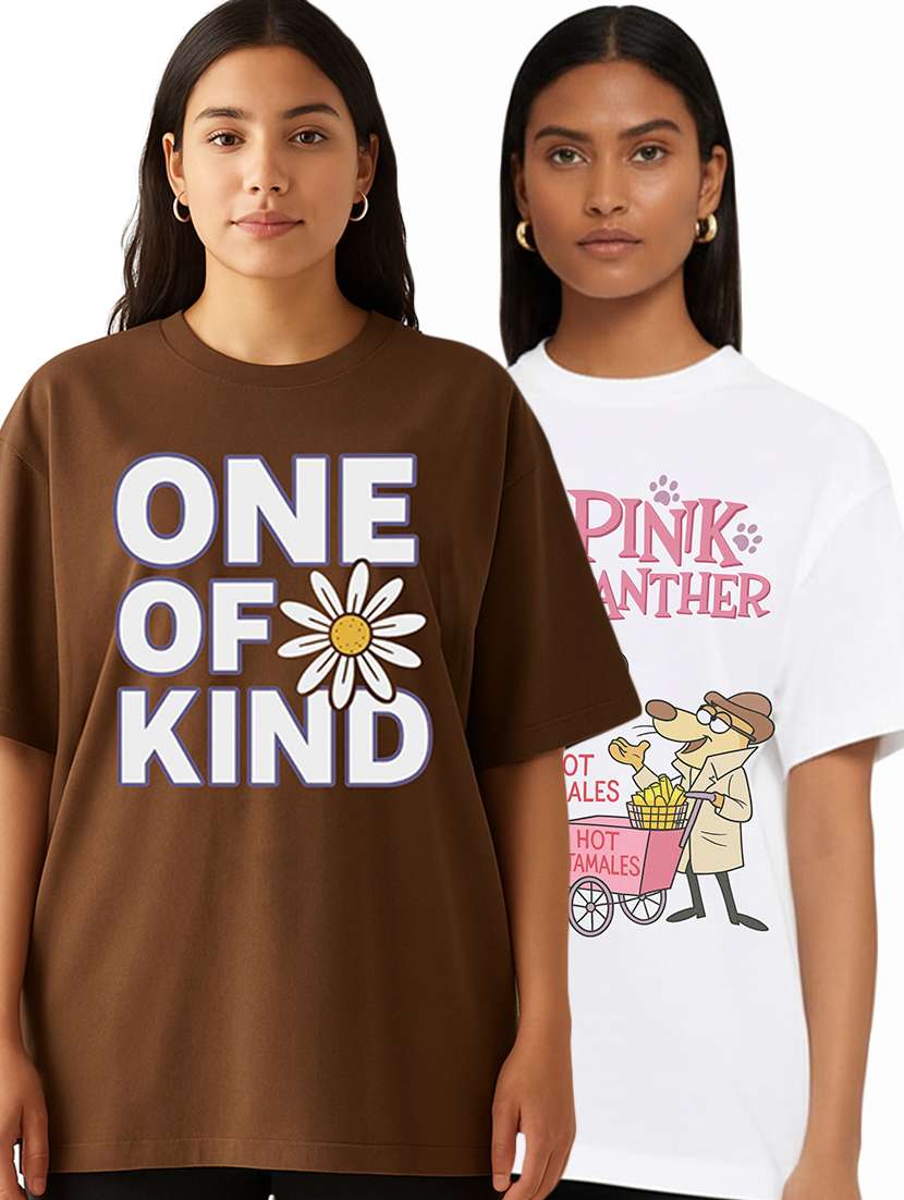 women pack of 2 printed round neck oversized t-shirt