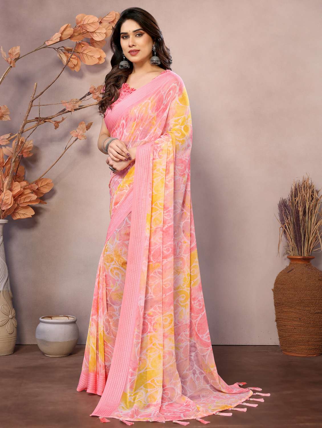 women pink printed saree with blouse - 21956643 -  Standard Image - 5