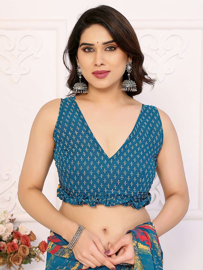 women teal printed saree with blouse - 21956645 -  Standard Image - 5