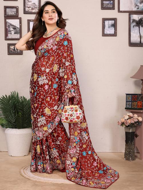 women solid with work embroidered saree with blouse - 21956655 -  Standard Image - 0
